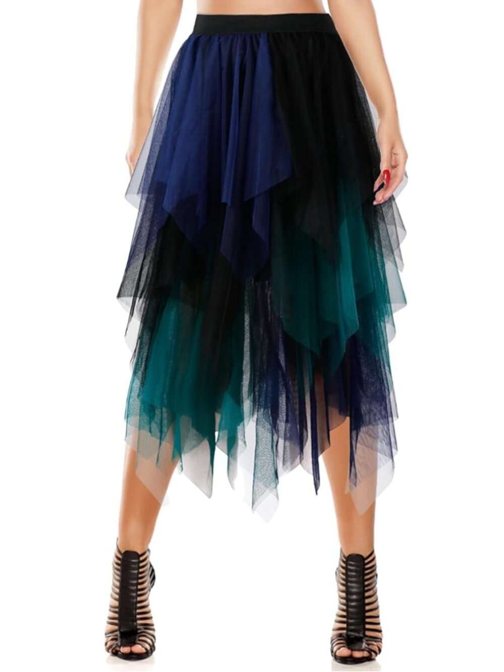 No Label Tulle Skirt A-Line High Low Asymmetrical 3 Layered Midi Length Elastic